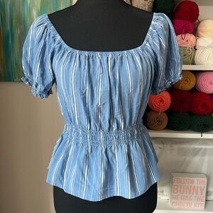 Cloud Chaser Light Blue & White Striped Peplum Puff Sleeve Top